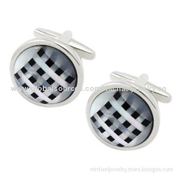 Brass Cufflinks with Onyx & Mop and Plating White Steel (Nickel-Free)